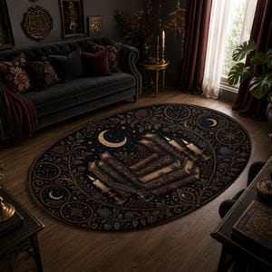 Close up of dark academia rug with old books, quill pen, candles, and gold linework