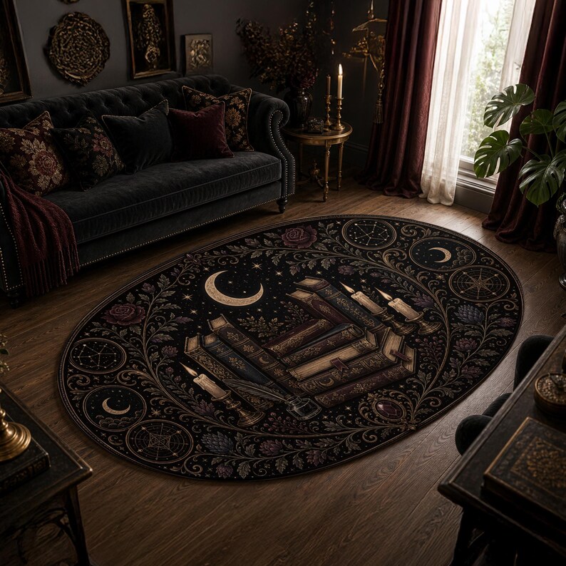 Close up of dark academia rug with old books, quill pen, candles, and gold linework