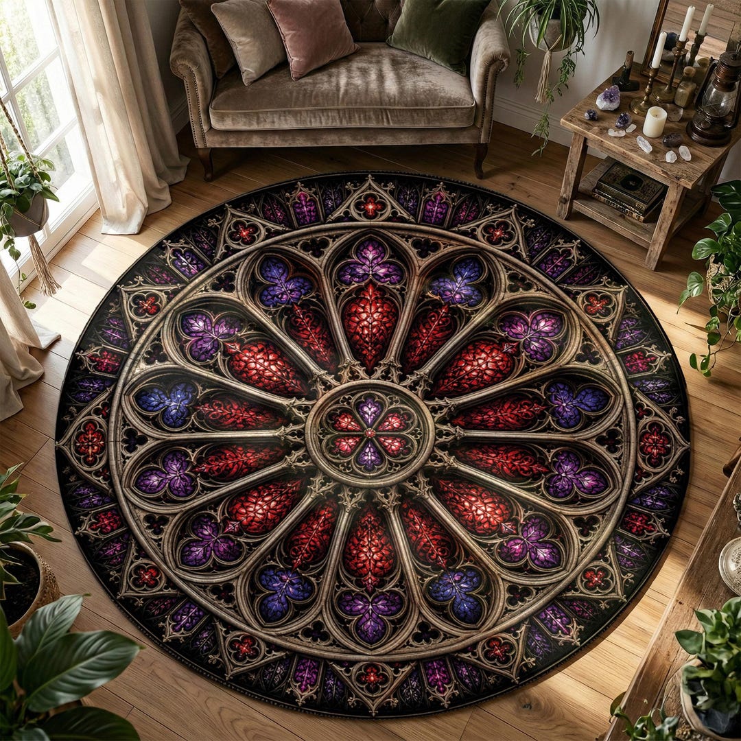 Cathedral Rug Gothic Rose Window Rug, Notre Dame Cathedral Decor, Stained Glass Round ...