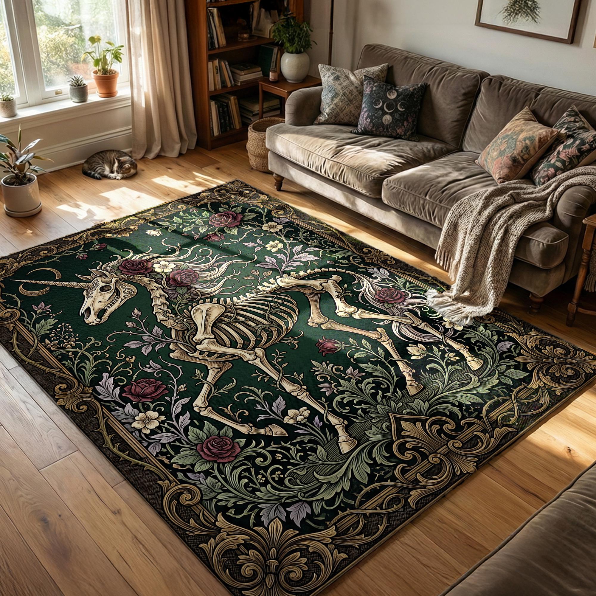 Hok Rug Skeleton Pattern Gothic Unicorn Skeleton Rug, Dark Academia Botanical Area Rug, Fantasy ...