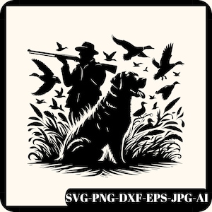 Jagdsaison geschnitten Datei, Hund jagt geschnitten Datei, Entenjagd geschnitten Datei, Lager Szene Clipart, Png, Criut, Silhouette, Dxf