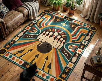 Retro Bowling Printed Rug with Pins, Ball and Mid Century Stripes
