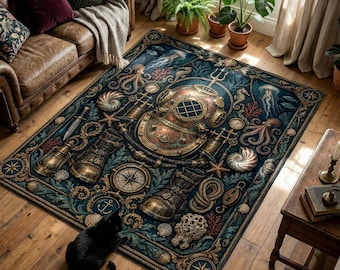 Vintage Diving Helmet Printed Rug with Octopus and Nautical Gear
