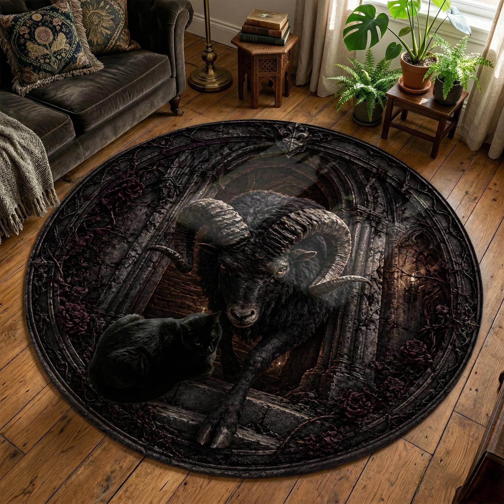 Ram Fur Rug Gothic Round 3D Ram Rug, Dark Fantasy Horned Beast Carpet, Cathedral ...