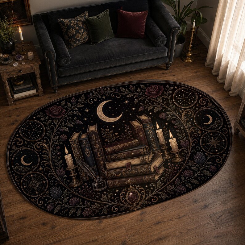 Dark academia carpet with gothic library room decor and black gold details