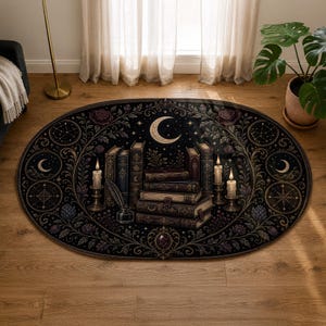 Book lover rug featuring stacked vintage books, candlelight, stars, and botanical border