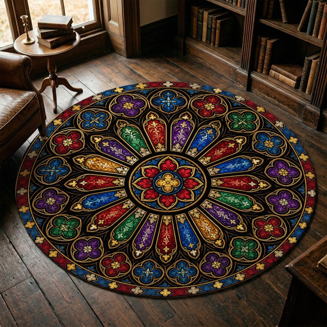 Cathedral Rug Gothic Rose Window Rug, Cathedral Aesthetic Round Rug, Washable Non ...