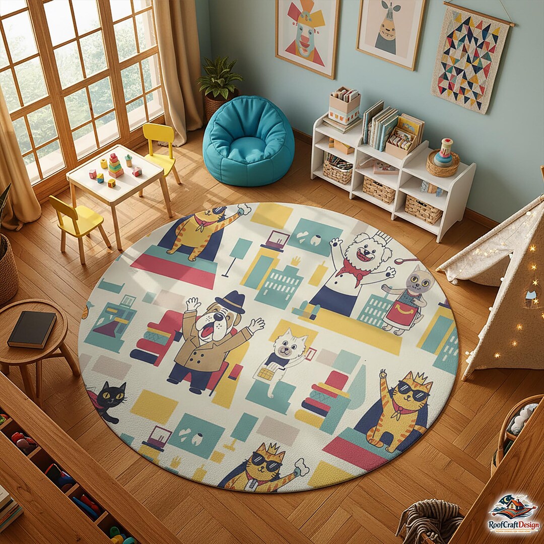 Kids Round Area Rug – Cute Cartoon Animal Playroom Carpet, Nursery ...