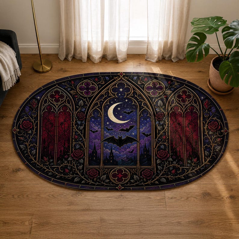 Cathedral Rug Oval Gothic Stained Glass Rug, Cathedral Window Carpet, Vampirecore ...