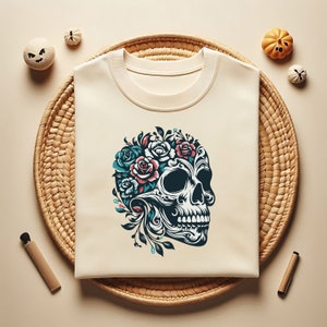 Flor retro con cabeza de esqueleto Svg PNG, Calavera floral Svg, Vector de calavera, Flor de esqueleto Svg vector, Imagen de esqueleto Calavera de azúcar Svg archivo