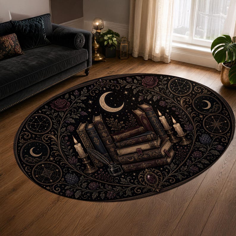 Gothic library oval area rug for reading nook, study room, bedroom, or home library