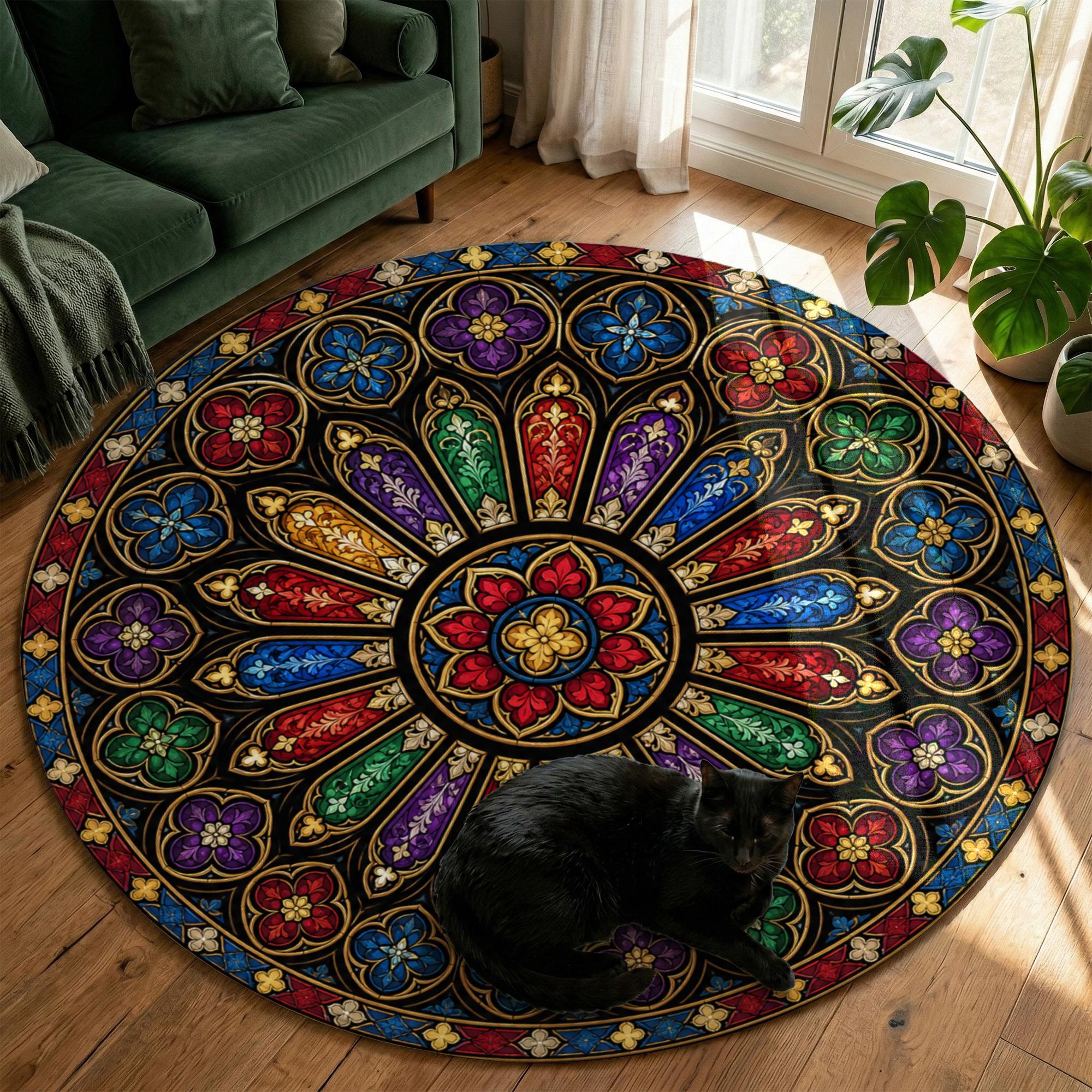 Cathedral Rug Gothic Rose Window Rug, Cathedral Aesthetic Round Rug, Washable Non ...