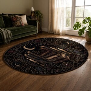 Witchy book rug with moon symbols, celestial compass details, roses, and ornate vines