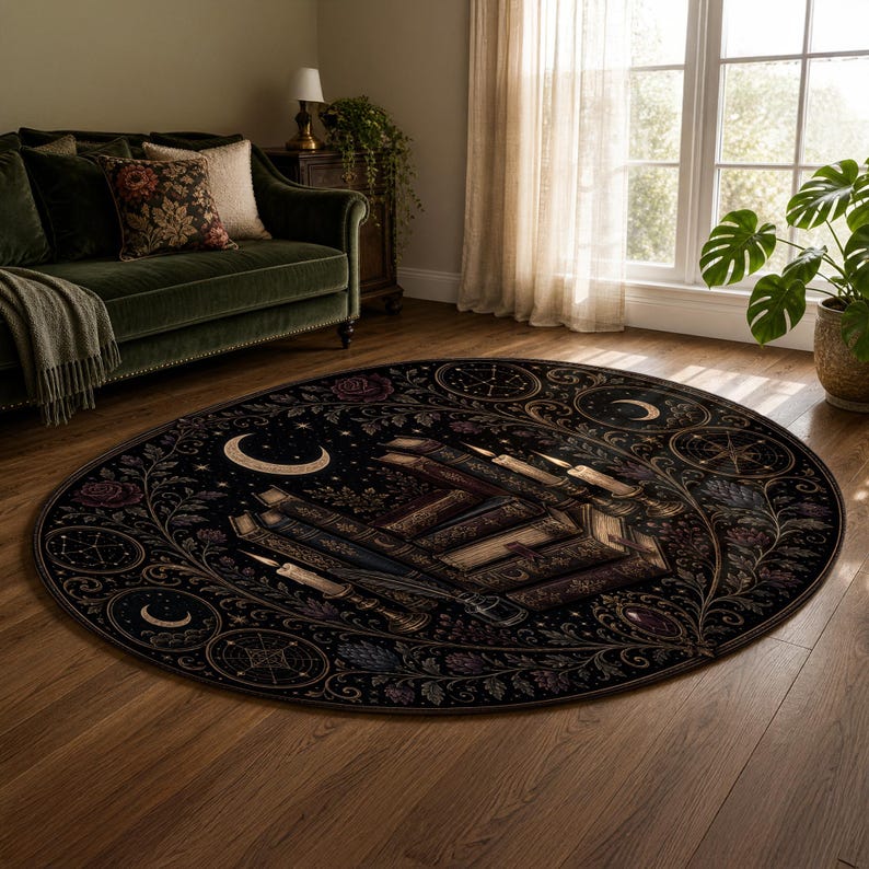Witchy book rug with moon symbols, celestial compass details, roses, and ornate vines