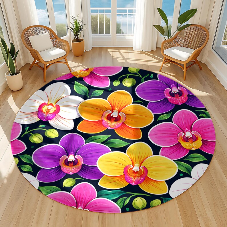 Orchidea Rugs Vibrant Orchid Round Rug in Pink White and Yellow | Tropical Floral ...