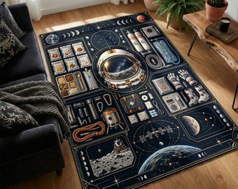 Astronaut Helmet Printed Rug with Space Gear, Navy and Orange