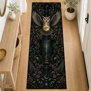 Whimsigoth Celestial Owl Runner, Mystic Forest Path Rug, Washable Non-Slip Hallway Mat for Entryway, Laundry Room, Gothic Home Decor