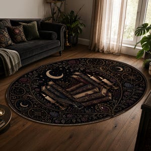 Moon and candle library rug with burgundy floral accents and vintage book artwork