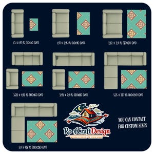 May include: A diagram of various rug and sofa arrangements. The rugs are teal with a repeating geometric pattern in red, gold, and cream. Sofa arrangements include a loveseat, a sectional, and a sofa with a rug. The image includes the text "RoofCraftDesign" and "YOU CAN CONTACT FOR CUSTOM SIZES".