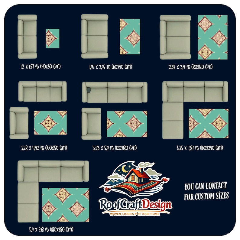 May include: A diagram of various rug and sofa arrangements. The rugs are teal with a repeating geometric pattern in red, gold, and cream. Sofa arrangements include a loveseat, a sectional, and a sofa with a rug. The image includes the text "RoofCraftDesign" and "YOU CAN CONTACT FOR CUSTOM SIZES".