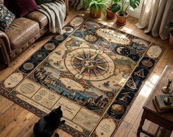 World Map Printed Rug with Compass Rose and Celestial Details