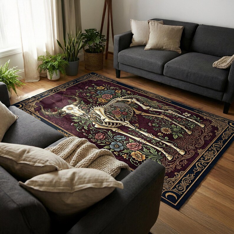 Bull Skull Floral Rug, Gothic Botanical Area Rug, Dark Academia Oxblood ...