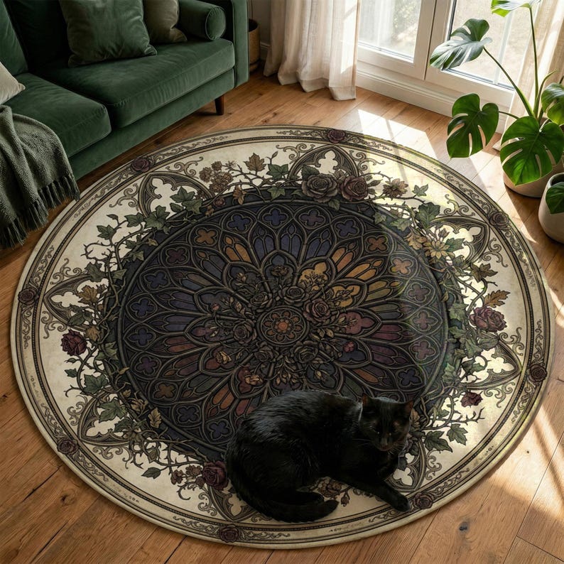 Cathedral Rug Gothic Rose Window Rug, Cathedral Floral Round Carpet, Botanical ...