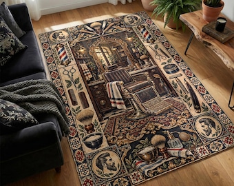 Barbershop Print Rug with Barber Chair, Razors and Grooming Tools