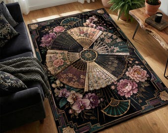 Folding Hand Fan Rug, Floral Art Deco Print in Pink and Green