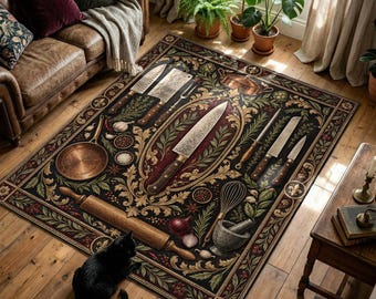 Chef Knife Printed Rug with Culinary Tools and Herb Border
