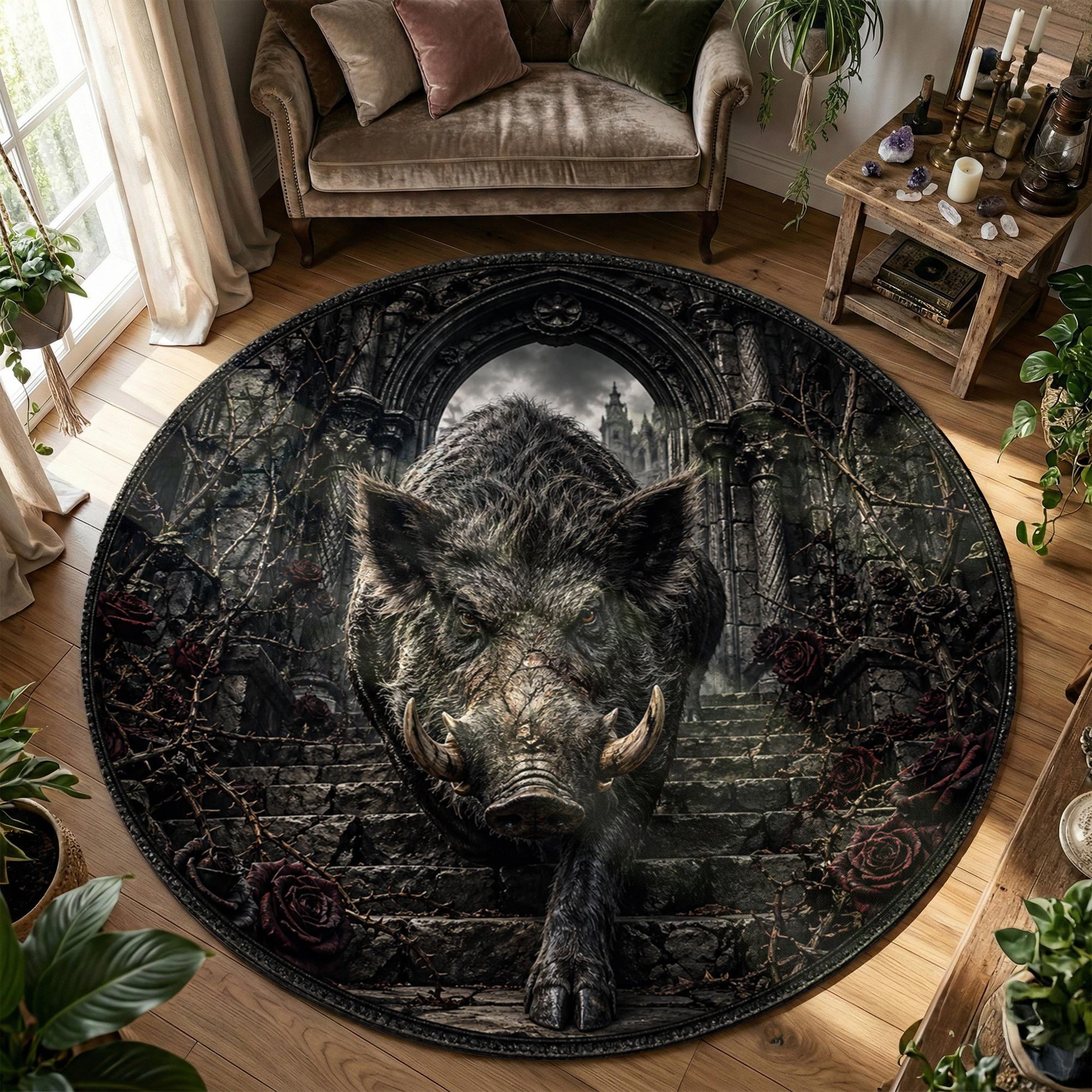Round 3D Gothic Boar Rug, Haunted Ruin Arch Carpet, Dark Medieval Beast ...