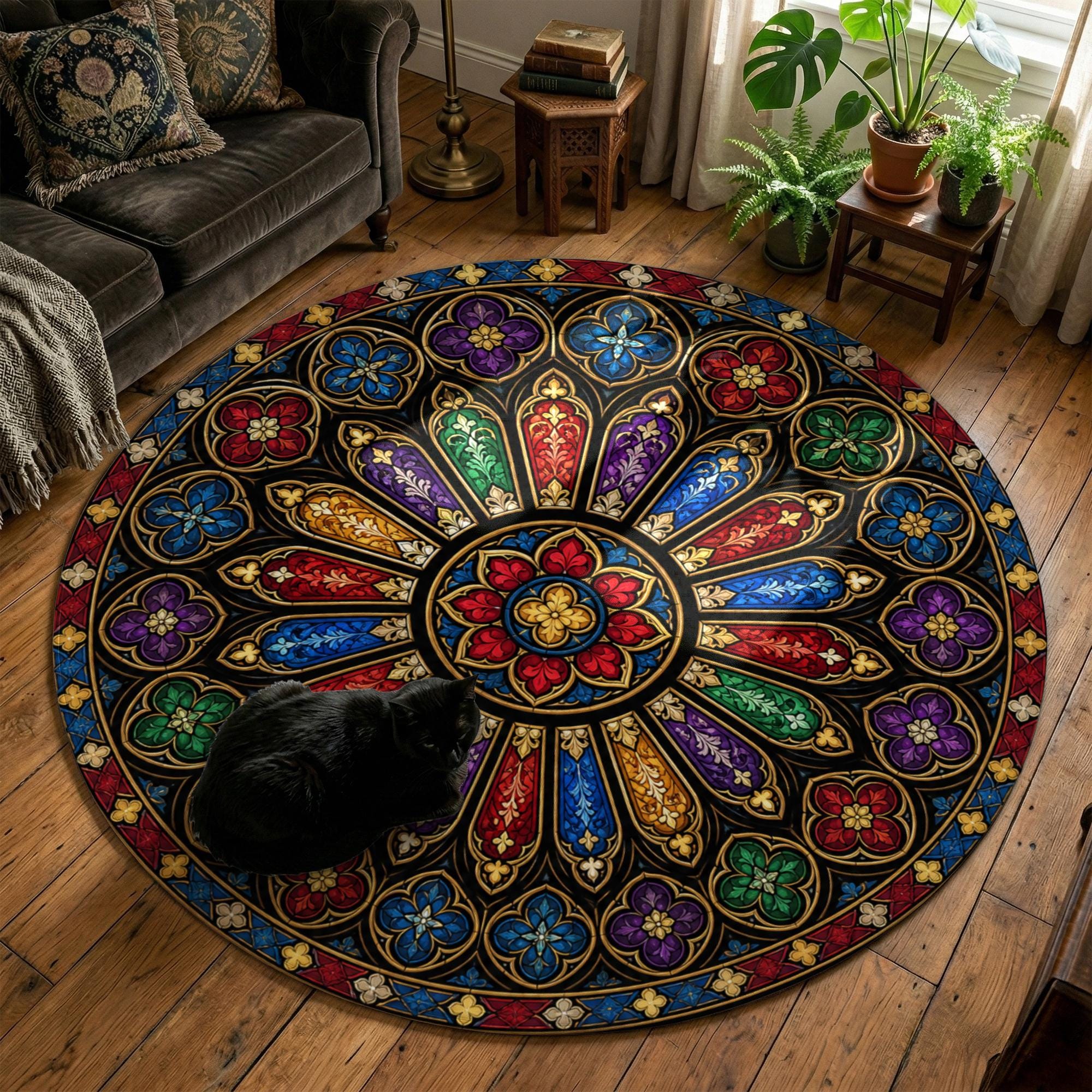 Gothic Church Rug Gothic Rose Window Rug, Cathedral Aesthetic Round Rug, Washable Non ...