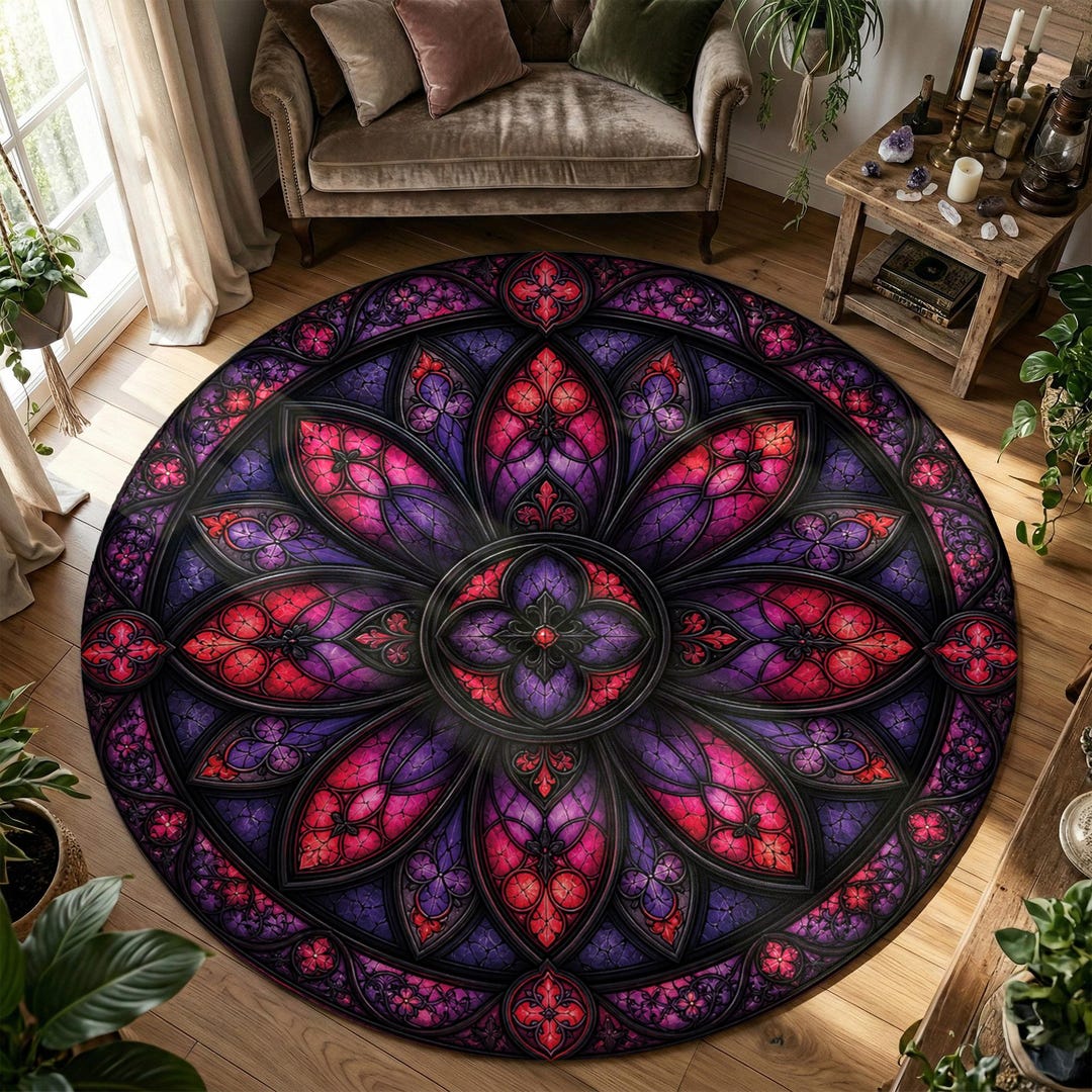 Gothic Church Stained Glass Rug, Colorful Noir Aesthetic Round Area Rug ...