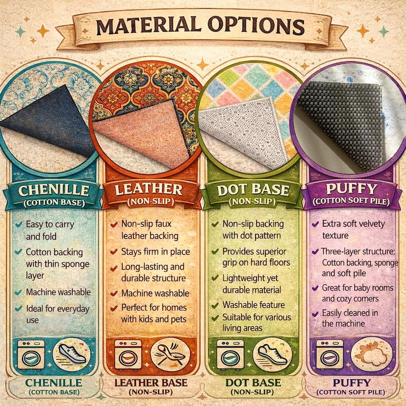 May include: Material options graphic showcasing four rug base types: Chenille, Leather, Dot Base, and Puffy. Each section includes a sample image, key features, and icons indicating washability and suitability for various uses. The graphic is designed to inform consumers about rug material choices.
