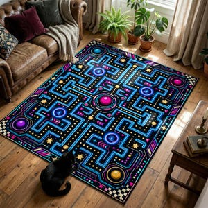 May include: A rectangular area rug featuring a dark background with a vibrant neon blue maze pattern, interspersed with glowing pink, purple, and yellow circular motifs, small yellow stars, and a black and white checkered border along the edges.