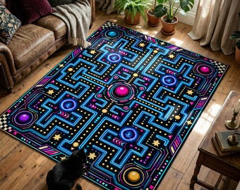 Neon Arcade Maze Printed Rug for a Retro Gaming Room