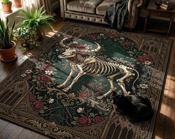 Gothic Skeleton Bull Rug, Dark Academia Floral Area Rug, Victorian Gothic Decor Carpet, Occult Animal Statement Rug, Maximalist Room Rug