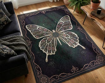 Gothic Butterfly Botanical Rug, Dark Academia Mystical Nature Carpet