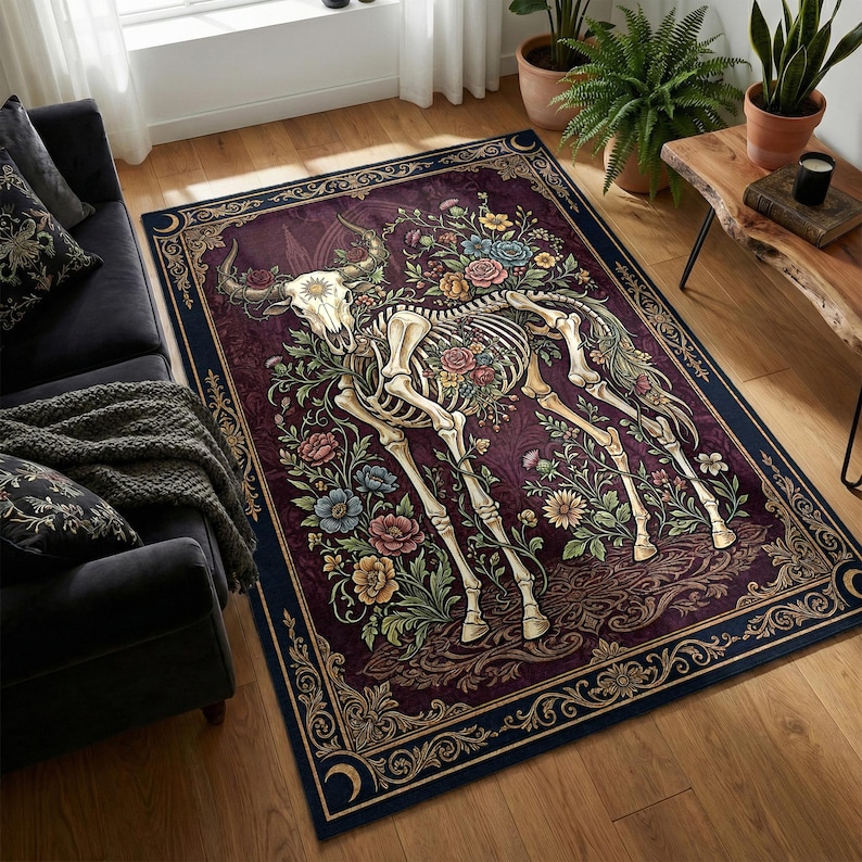 Bull Skull Floral Rug, Gothic Botanical Area Rug, Dark Academia Oxblood ...