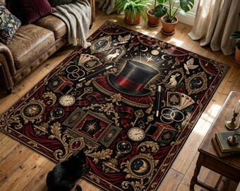 Magician Top Hat Printed Rug with Cards, Rabbits and Celestial Stage Decor