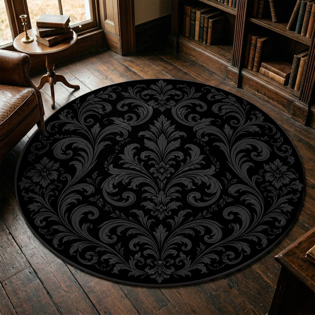 Round Gothic Rug Gothic Damask Round Rug, Black and Charcoal Gray Floor Mat, Machine ...