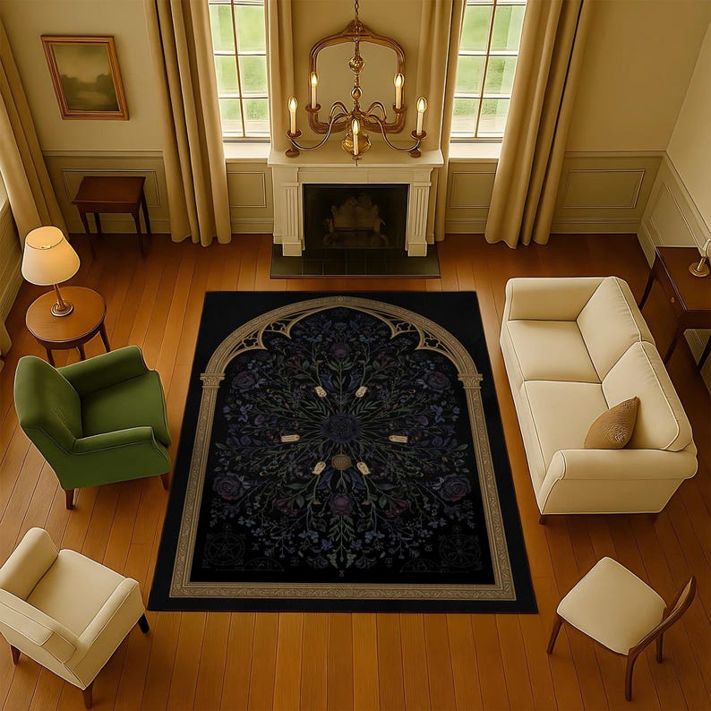 Cathedral Rug Gothic Cathedral Arch Rug | Dark Gothic Area Rug | Botanical Dark ...