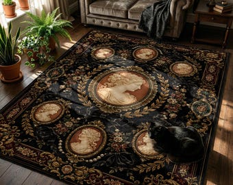 Victorian-Style Cameo Rug, Ivory Portraits and Black Bow Print