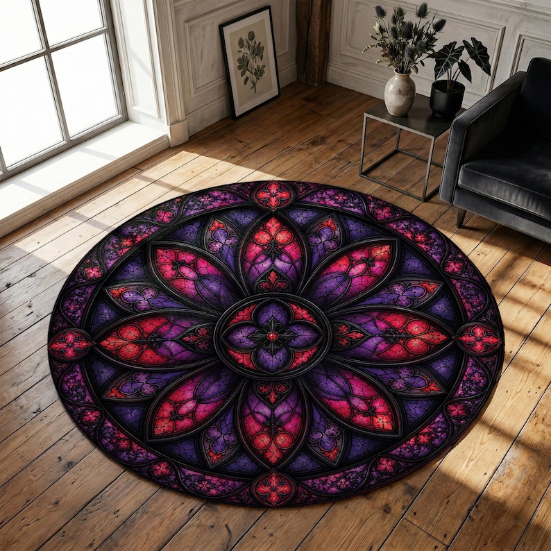Gothic Church Rug Gothic Church Stained Glass Rug, Colorful Noir Aesthetic Round Area Rug ...