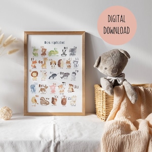 Poster digitale stampabile con animali dell'alfabeto ABC in tedesco, DOWNLOAD DIGITALE, decorazione da parete per la cameretta dei bambini dell'asilo nido.