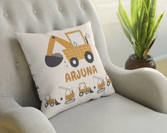 Personalized Cushion Yellow Excavator for Kids, Decorative Cotton Pillow for Kids, Construction Pillow, Nursery Room and Kids Pillow Decor