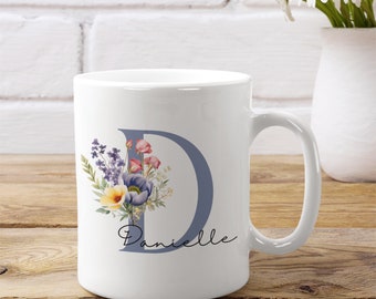 Personalized Watercolor Flowers Mug with Alphabet - Initial Custom Bridesmaid Gift, Birthday Gift, Anniversary Gift, Gift for her