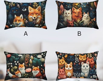 Coussin rectangle personnalisé animaux sauvages, oreiller renard, oreiller chat sauvage, décoration d'intérieur coussin en coton animation animale mignonne