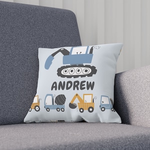 Personalized Cushion Blue Excavator for Kids, Decorative Cotton Pillow for Kids, Nursery Room and Kids Pillow Decor, Construction Pillow