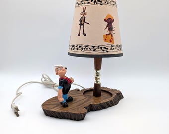 Vintage Looney Tunes Lamp - Popeye Figure - Faux Wood Base - Retro 60s/70s Cartoon Collectible